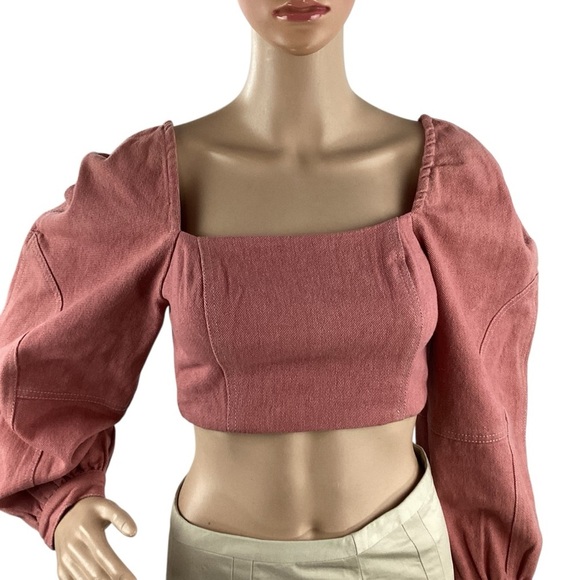 Free People Marley Denim Top Rose Smoke Pink Puff Sleeve Size 2 - Picture 2 of 7